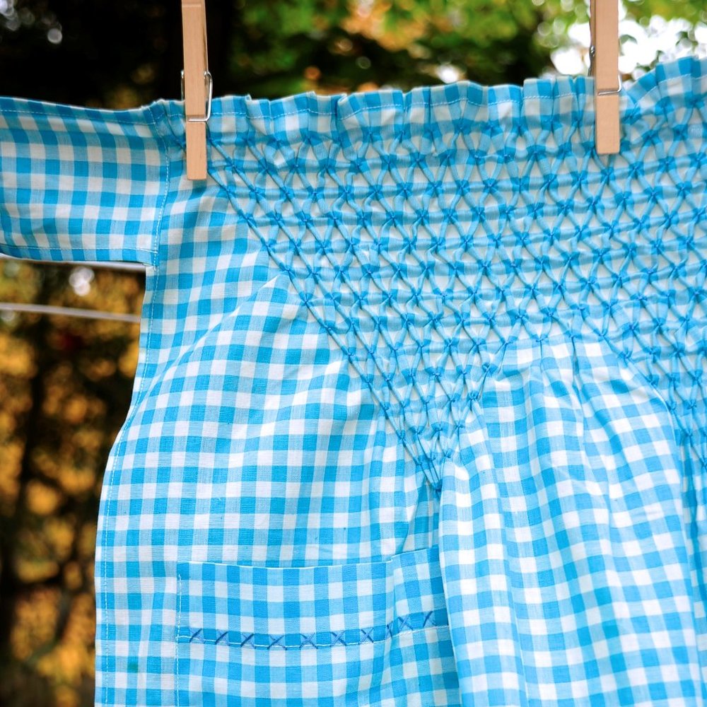 Vtg Teal Blue Gingham Check Apron Smocked Waist View 3